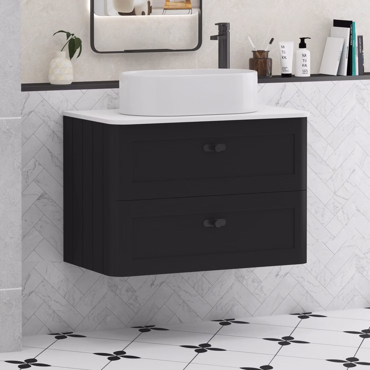 Royal Bathrooms Henley 800mm Wall Hung Vanity Unit in Matt Nocturne Black with 2 Drawers, Plain White Worktop and Peak Basin