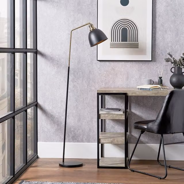 Pacific Lifestyle Adjustable Industrial Metal Task Floor Lamp in Black and Gold/Brass