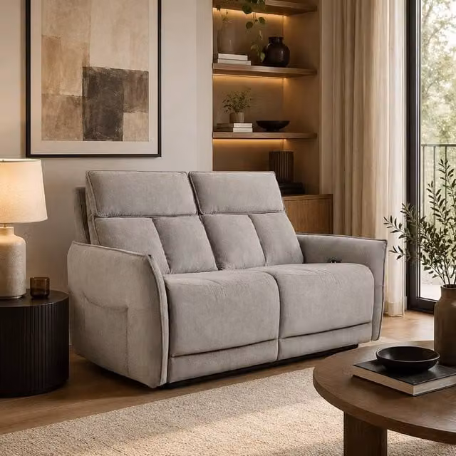 Aspire Grayson Two Seater Fabric Upholstered Power Recliner Sofa with USB Charging in Beige