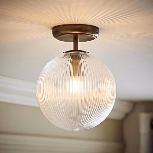 ValueLights Kempton Flush Ceiling Light with Ribbed Glass Globe Shade in Brass or Bronze – 2