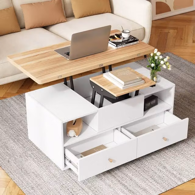 Rolipo White Lift Top Coffee Table with 4 Drawers, Wheels and Extendable Top, 2 Pack – 1