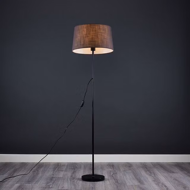 ValueLights Modern Floor Lamp with Black Metal Finish and Dark Grey Faux Linen Cone Shade