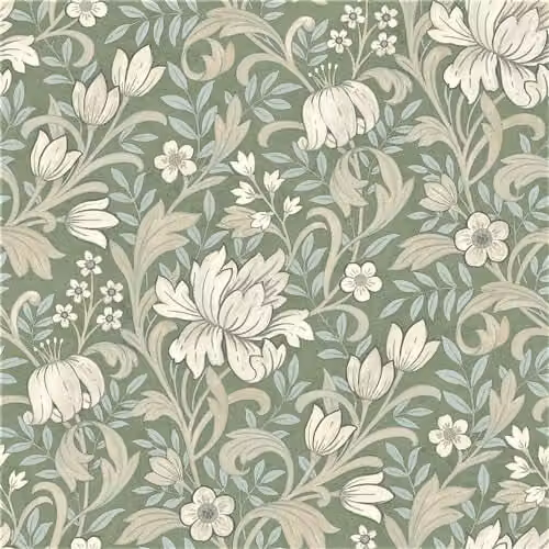 Grandeco Marian Vintage Art Nouveau Floral Botanical Paper Wallpaper, Green