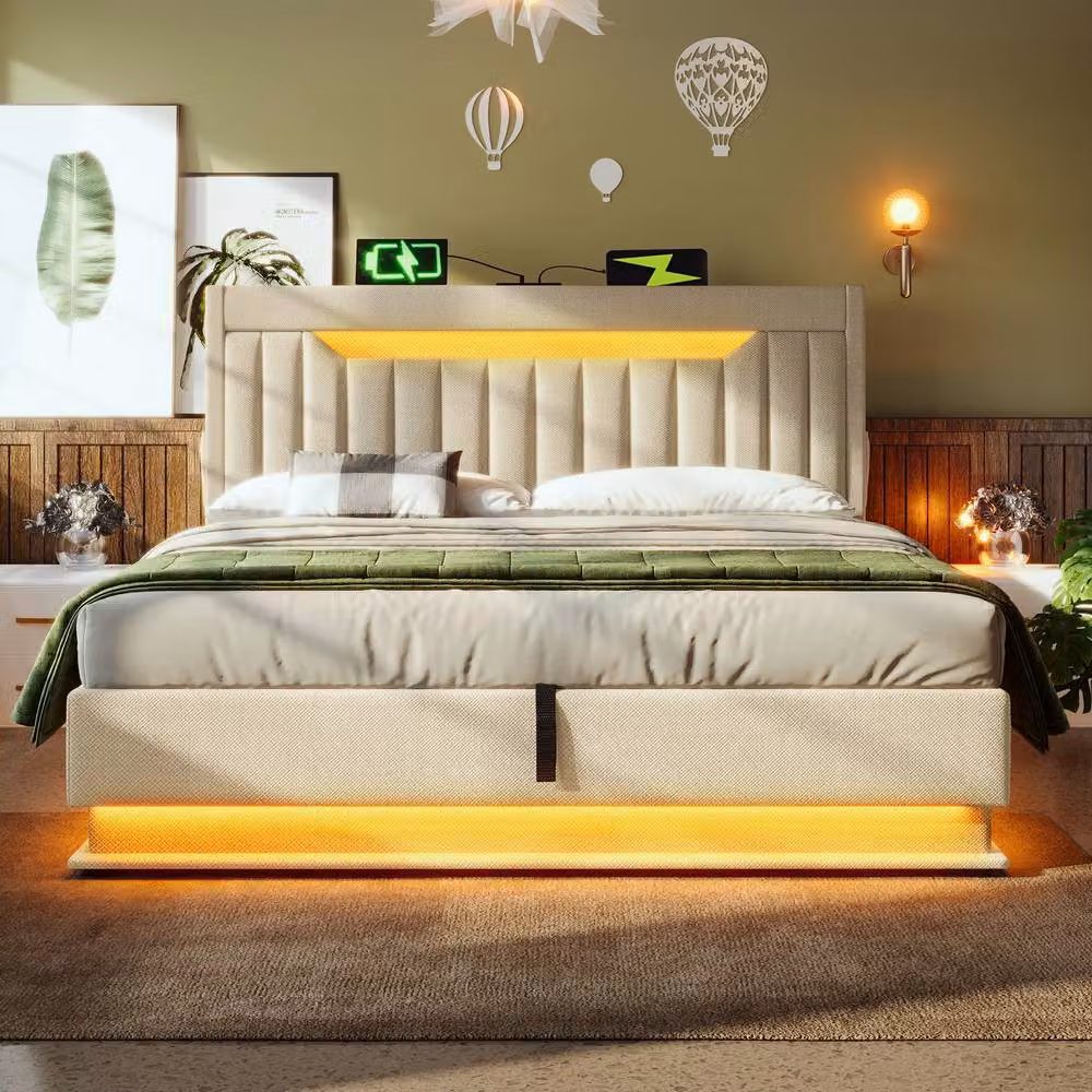 ModernLuxe Ottoman Double Storage Bed with LED Lighting, USB Charging Ports and Storage Headboard in Beige – 8