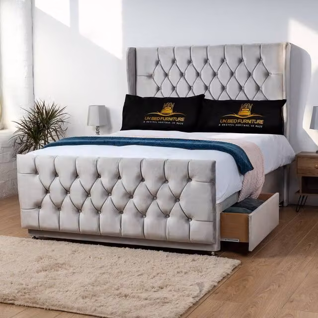 UK Bed Furniture Balamore Silver Velvet Wingback Divan Super King Bed with 54 Inch Headboard and 2 Drawers, W/D/H: 200 x 200 cm