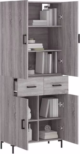 Berkfield Home Grey Sonoma Modern Highboard with Hinged Doors and Internal Shelves, W/D/H: 69.5 x 34 x 180 cm