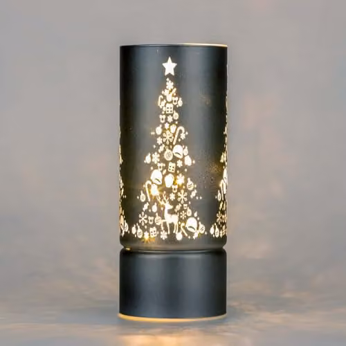 Shatchi Grey and Gold Etched Glass Cylinder Vase Table Lamp with LED Fairy Lights, Height: 22 cm