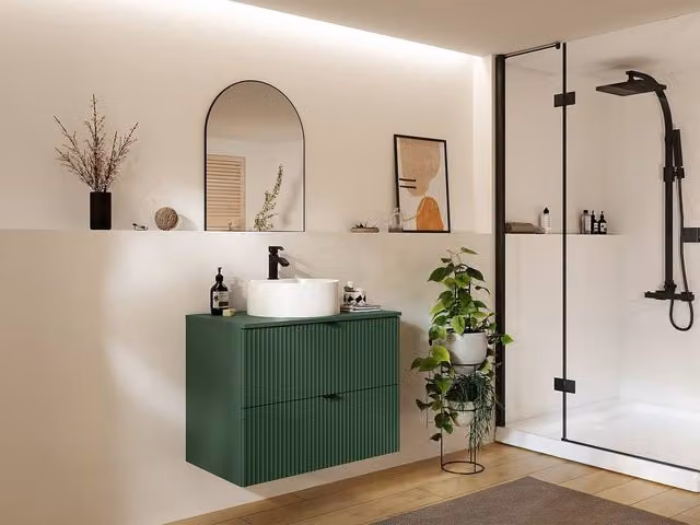 Vente-unique Striped Wall-Hung Bathroom Vanity Unit with Round Ceramic Basin in Green and White, W/D/H: 60 x 47 x 80 cm – 1