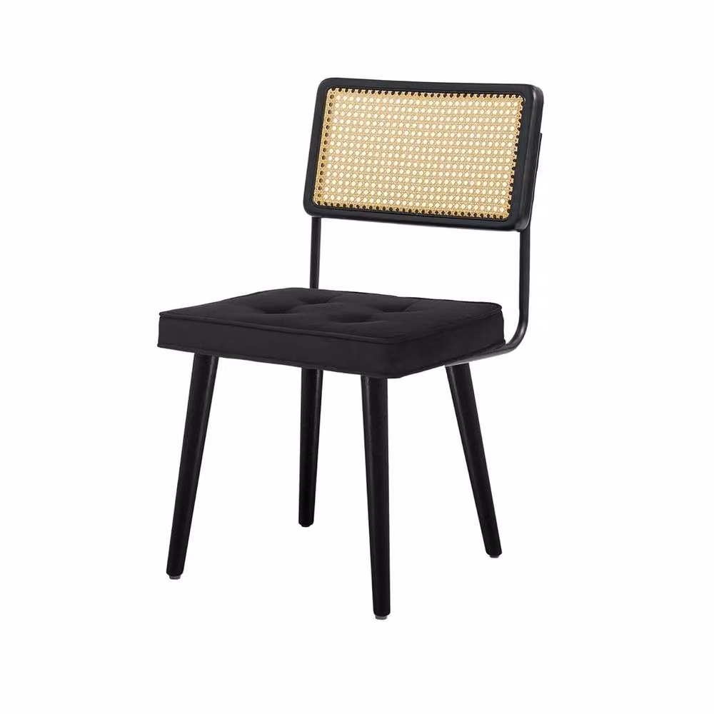 VOGREX Modern Velvet Armless Accent Dining Chairs with Wooden Rattan in Black and Multicolour – 2