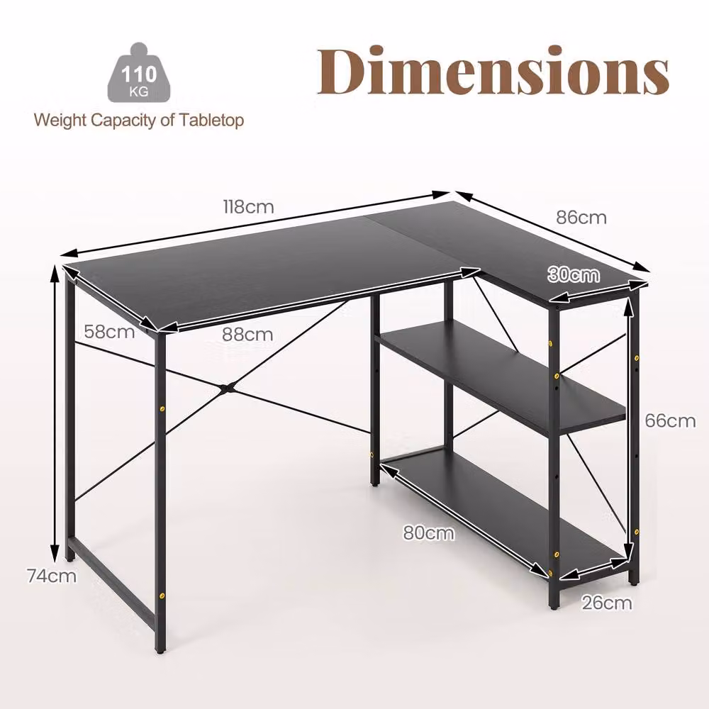 Gymax Reversible L-shaped Corner Computer Desk with Adjustable Shelf in Black – 2