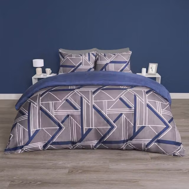 OHS Abstract Geo Reversible Duvet Cover Set in Grey and Blue, 180 x 200 cm