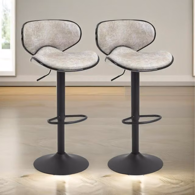 Furnold Set of 2 Height Adjustable 360 Swivel Barstools with Shell Backrest in Grey and Black Fabric