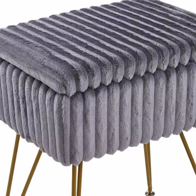 FORGEVIO Grey Modern Corduroy Dressing Table Stool with Gold Metal Frame