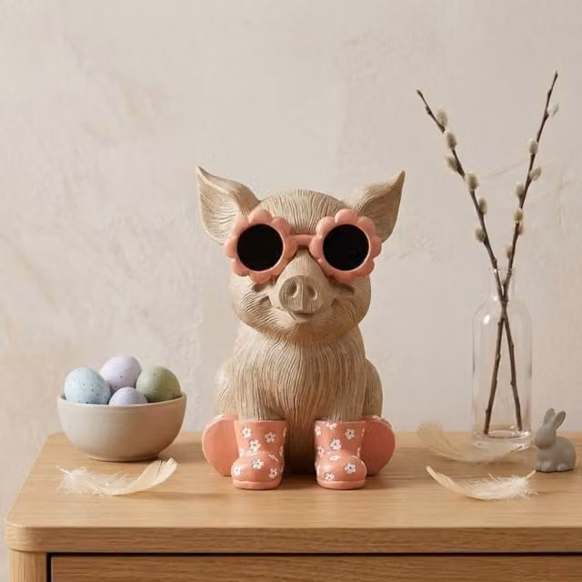 Garden Greatness Springtime Pig Wellies Ornament, Multicolour Resin Tabletop Decoration