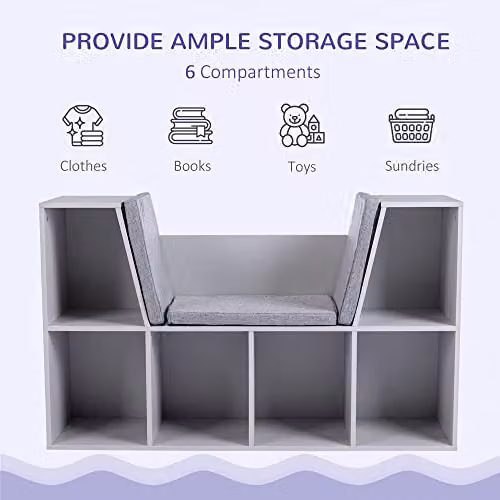 HOMCOM Grey Kids Bookcase and Toy Storage Cabinet for Children's Rooms and Living Rooms – 3
