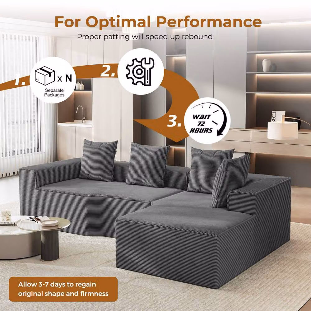 Dprodo Grey Corduroy Right L-Shaped Modular Sofa with Scatter Cushions, Width: 320 cm – 4