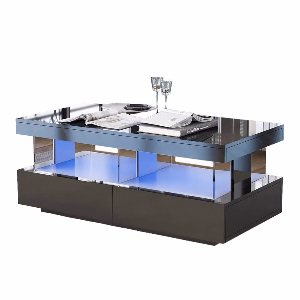 Matteo Black High Gloss Coffee Table with LED Lights and 2 Storage Drawers – 2