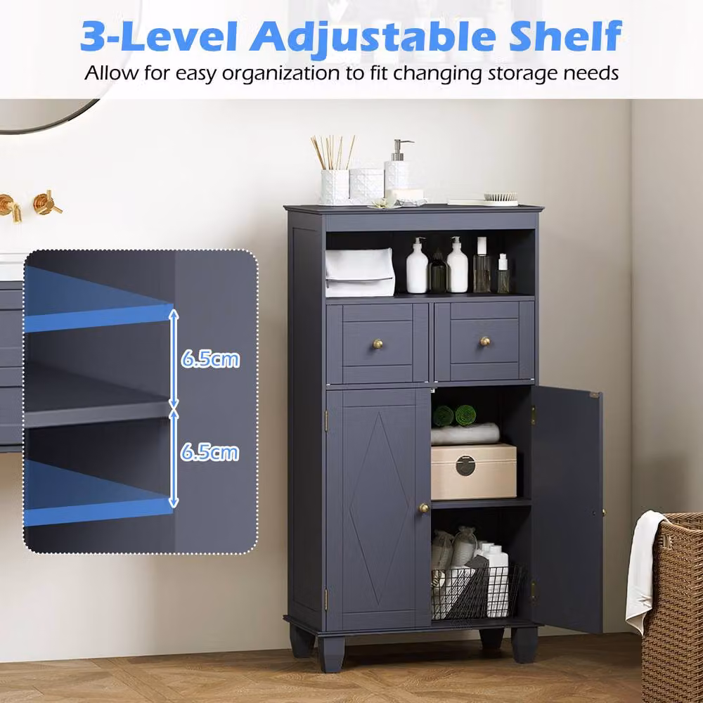 Costway Modern Grey Bathroom Floor Storage Cabinet with Drawers and Shelves – 7