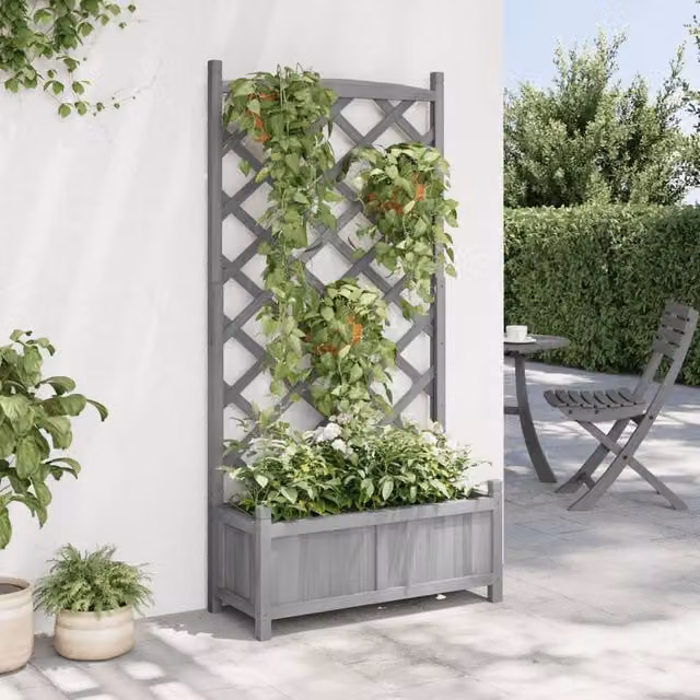 Berkfield Home Grey Solid Wood Fir Planter with Trellis and Tub, W/D/H: 150 x 75 x 35 cm