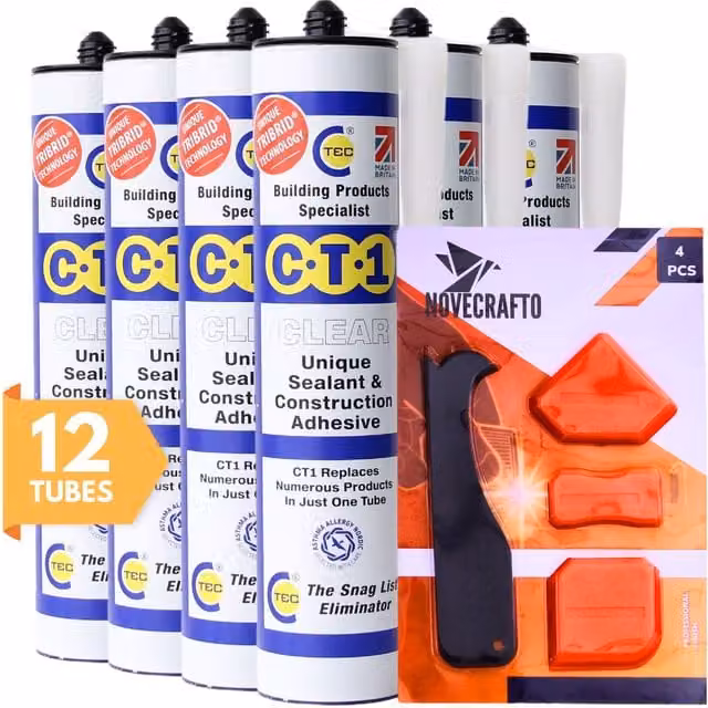NOVECRAFTO Waterproof Sealant and Adhesive in Clear, Pack of 12 Tubes with 4-Piece Tool Kit