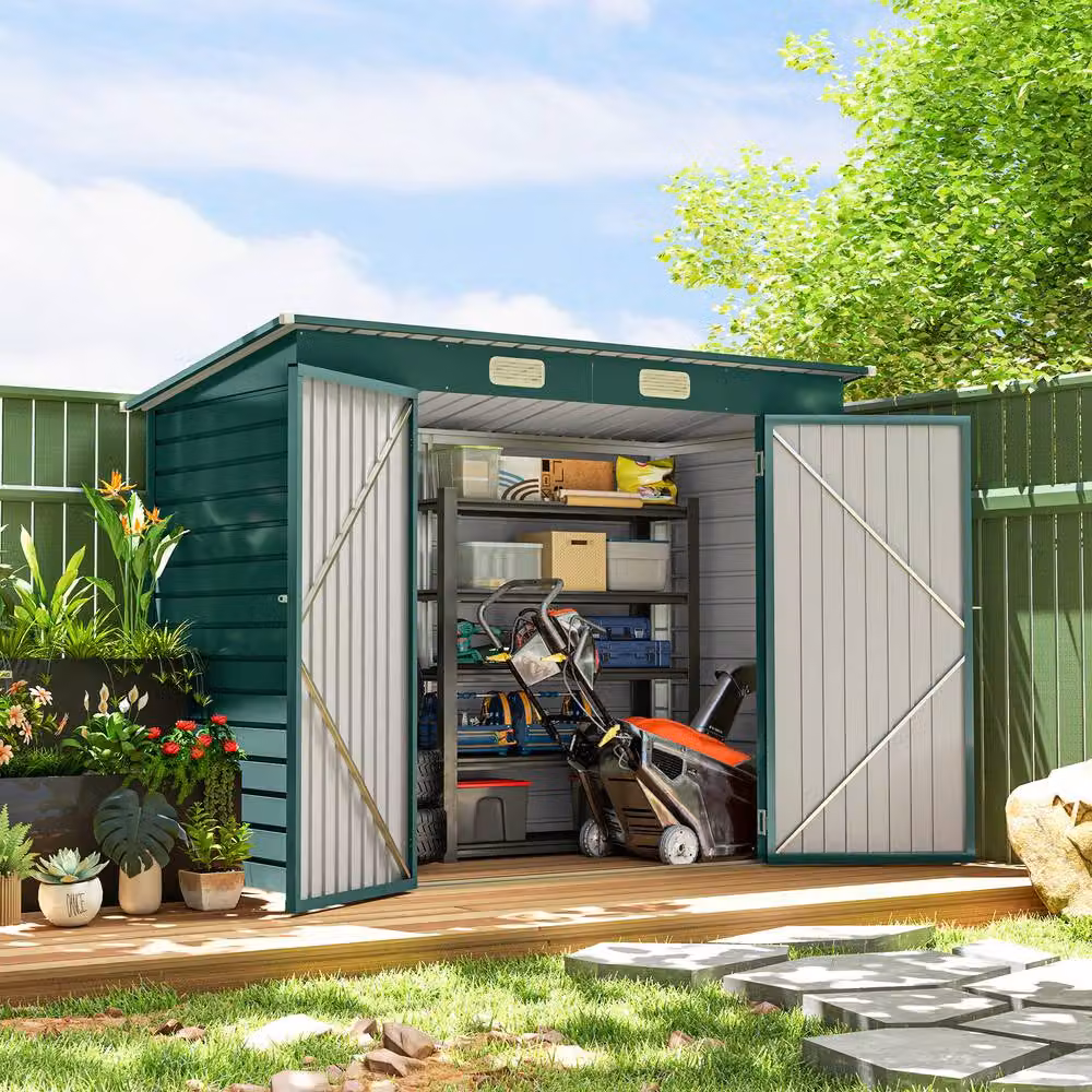 Rolipo Green Galvanised Steel Garden Shed with Lockable Double Doors, W/D/H: 112.776 x 237.7 x 112.776 cm – 4