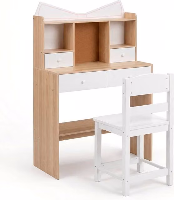 Costway Kids Wooden Study Desk and Chair Set with 4 Drawers in Natural Wood Finish