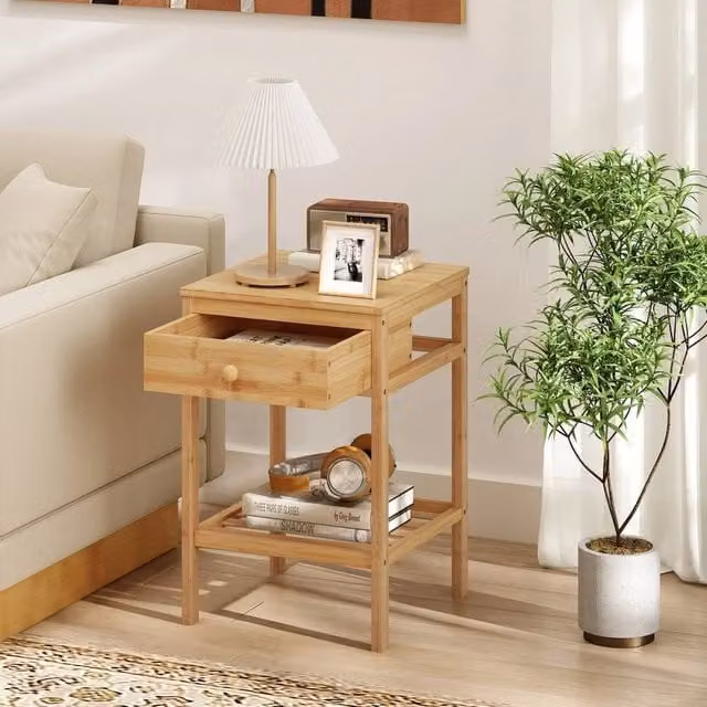 KORVIXA Set of 2 Bamboo Bedside Tables with Storage Drawer in Natural Brown