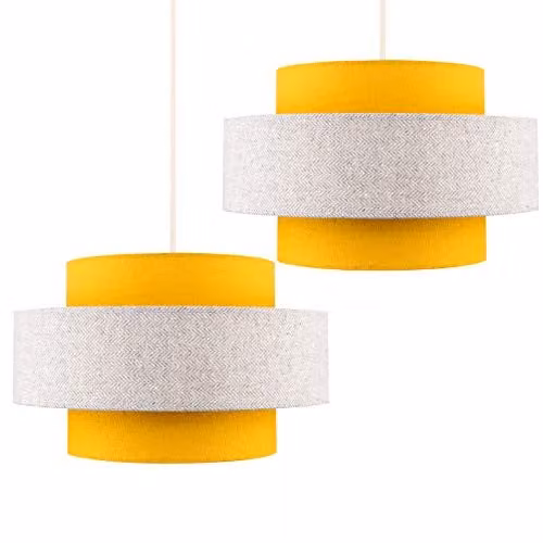 ValueLights Modern Fabric Cylinder Pendant Light Shades in Yellow and Grey, Set of 2, Width: 30 cm