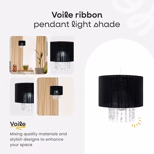 MiniSun Black Voile Ribbon Cylinder Pendant Light Shade with Acrylic Droplets, Width: 28 cm – 2