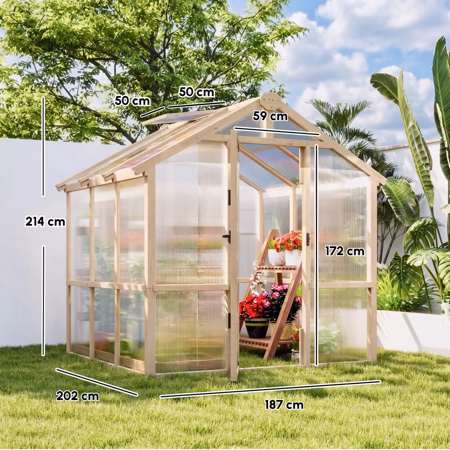 Outsunny Brown Wooden Walk-in Polycarbonate Greenhouse with Lockable Door and Window – 3