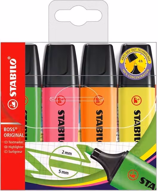 Stabilo Boss Original Multicolour Chisel Tip Highlighter Pack of 4