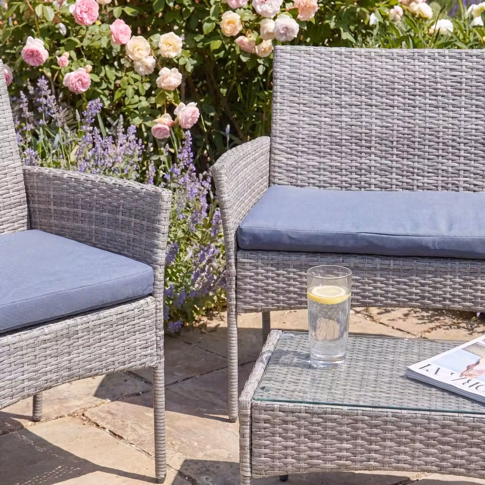Rosewood & Stone Home Berrington 4-Seat Rattan Patio Set in Grey with Lounge Armchairs and Coffee Table – 2