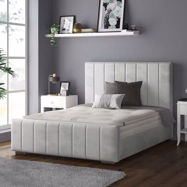 IH Design Modern Upholstered Striped Velvet Bed Frame in Silver, W/D/H: 180 x 200 cm