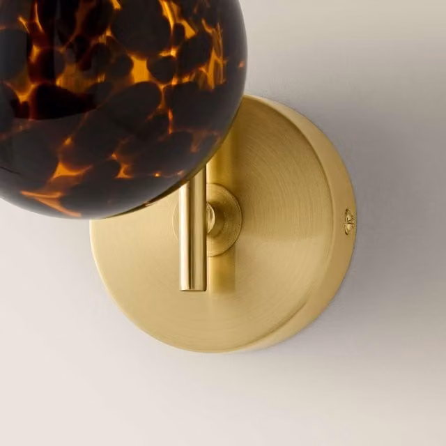 ValueLights Chiara Leopard Print Hand Blown Glass Globe Wall Light in Gold/Brass with Bulb