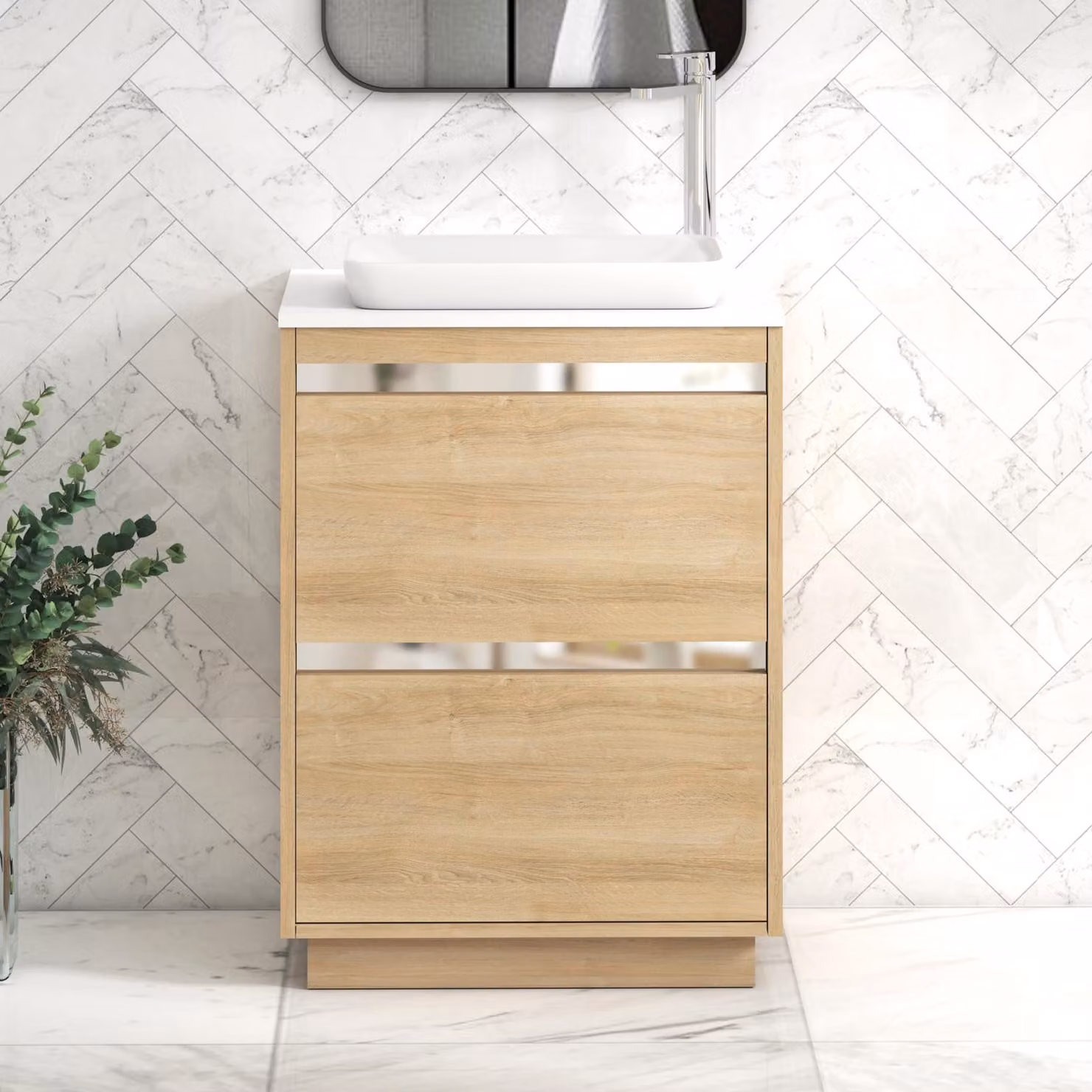 Royal Bathrooms Orion 2 Drawer Floor Standing Vanity Unit in Natural Oak with Plain White Top and Countertop Basin