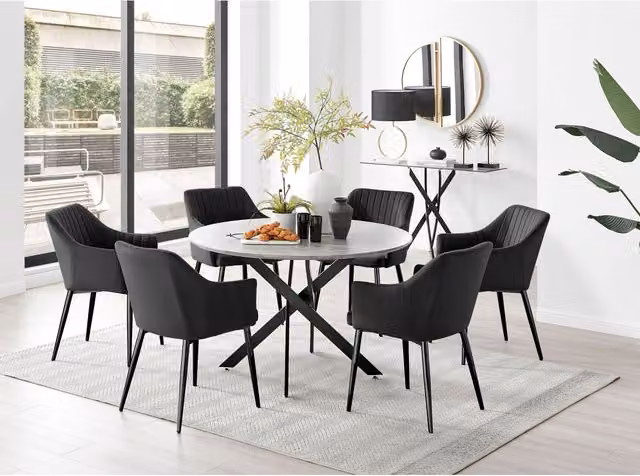 FurnitureboxUK Novara Grey Concrete Effect Round Dining Table with 6 Calla Black Leg Chairs – 1