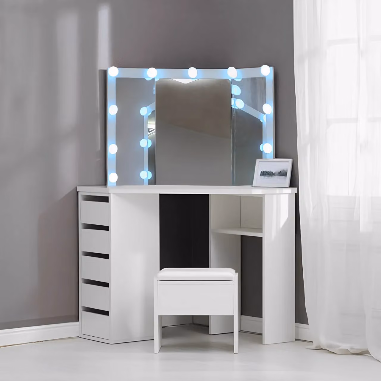 KOSY KOALA White Corner Dressing Table with LED Mirror and Stool Makeup Vanity Set – 3