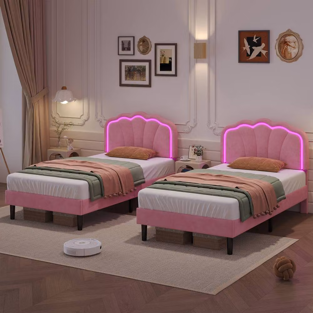 Merax Velvet Shell Shaped Single Bed in Pink with LED Under-Bed Lighting and Adjustable Headboard, W/D/H: 90 x 190 cm – 2