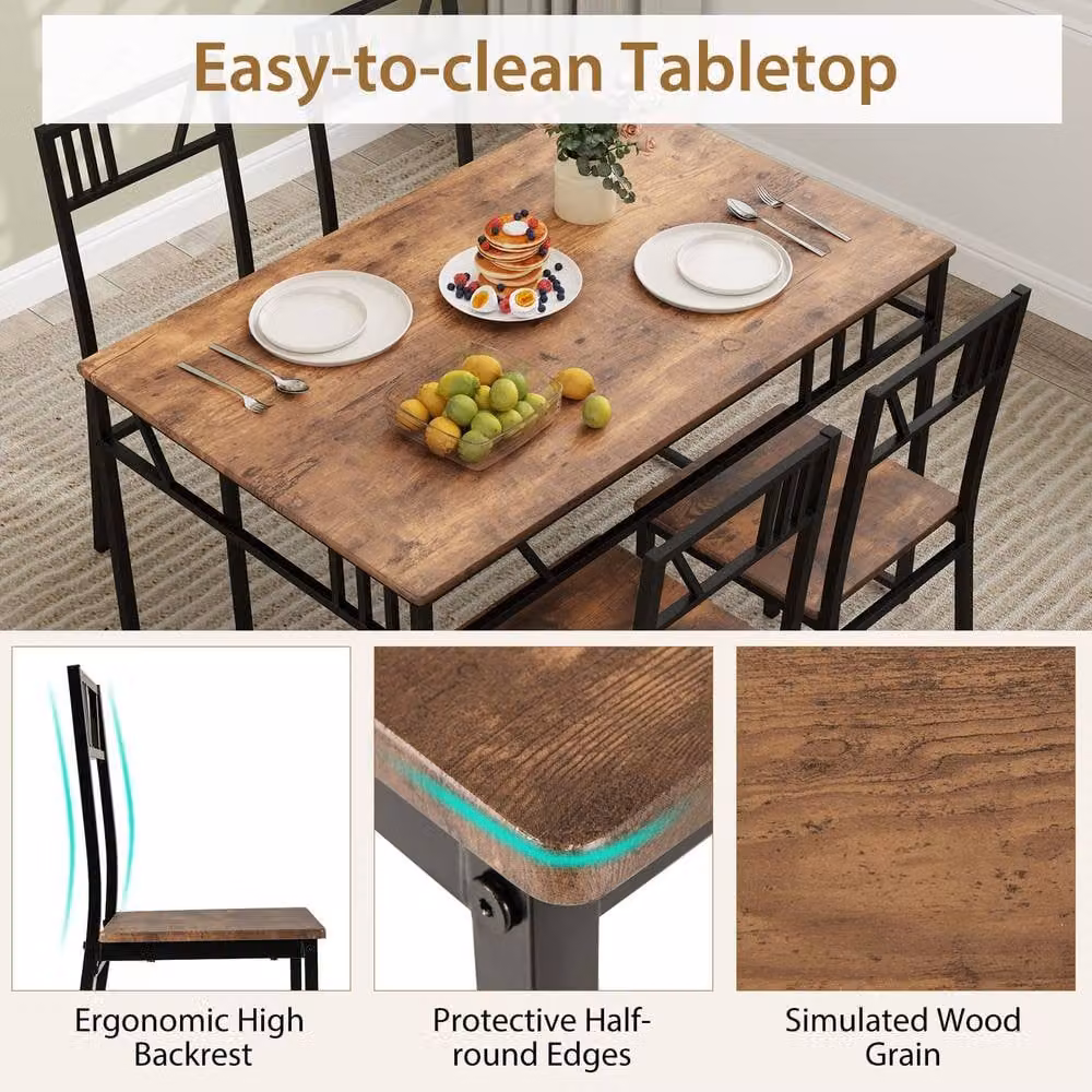 Costway 5 Piece Industrial Style Dining Table and 4 Chairs Set in Brown – 11
