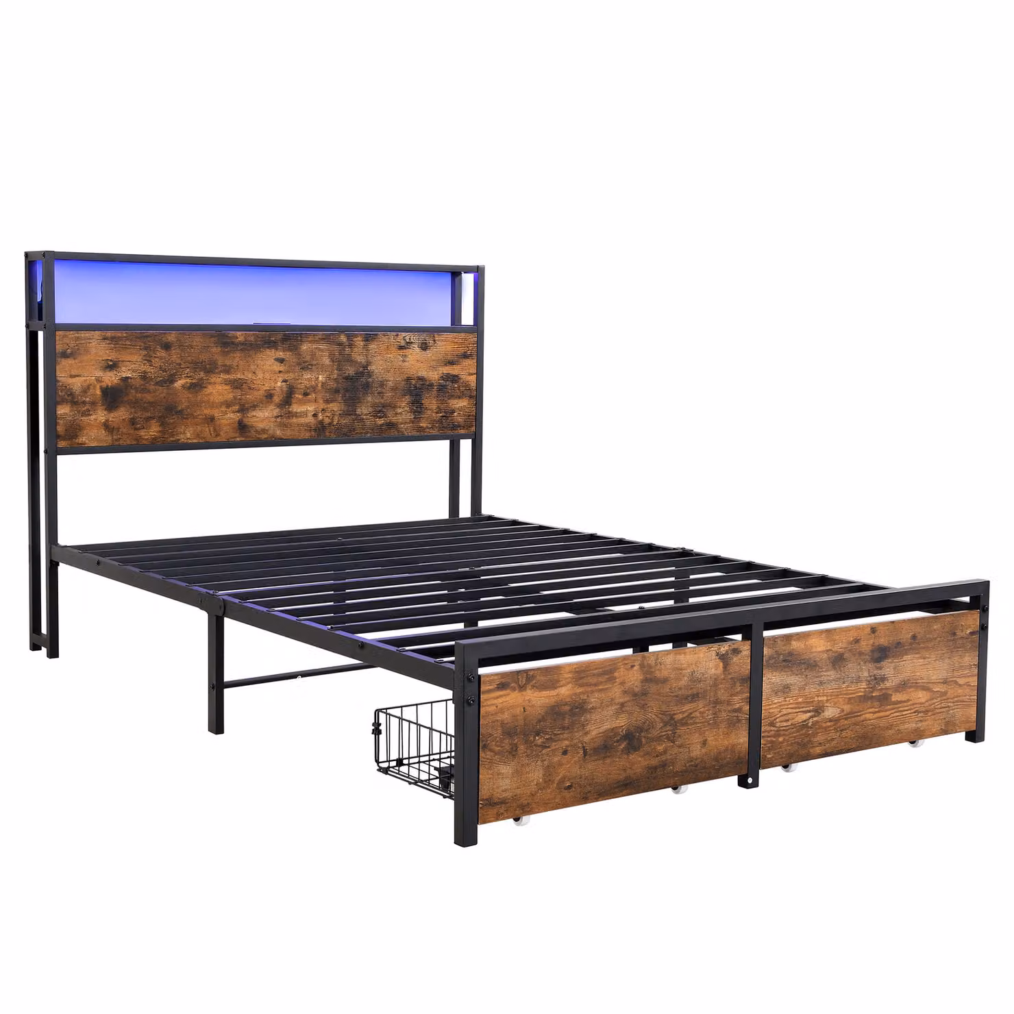 Aosom UK Metal Double Bed Frame with 4 Drawers, LED Light Strip and 3 USB Ports, Black and Dark Walnut, W/D/H: 207.5 x 135 x 105 cm – 2