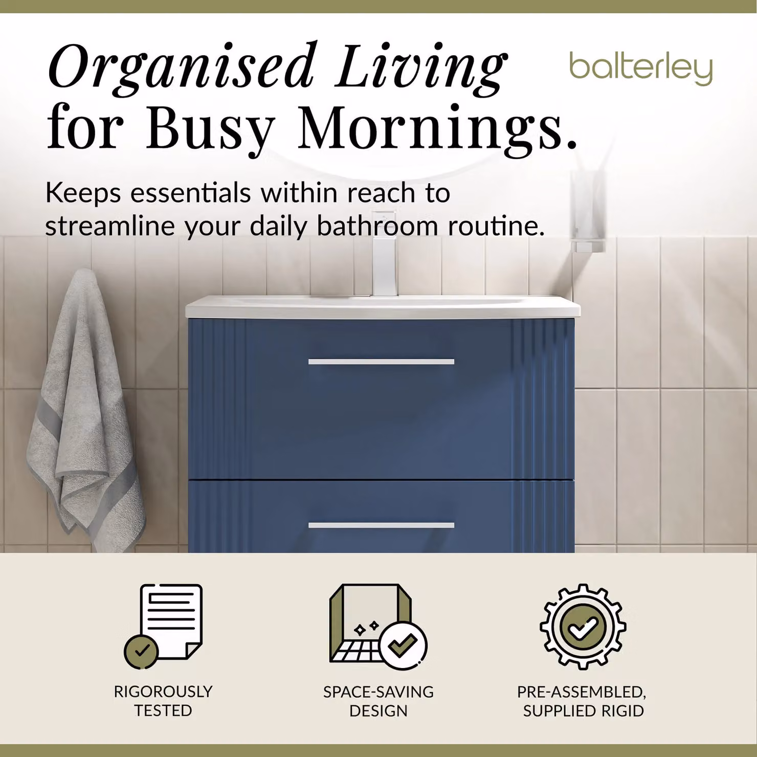 Balterley Wall Hung 2 Drawer Vanity Unit with Curved Basin, Satin Blue, W: 60 cm, D: 53 cm, H: 60 cm – 2