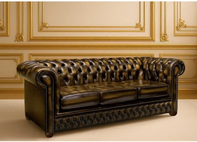 Somnior Beds Ltd Dark Brown Vintage Leather Chesterfield 3 Seater Sofa with Solid Wood Frame