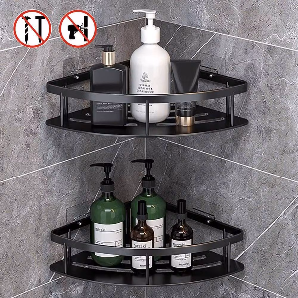 FLAVORA 2-Piece Black Corner Shower Rack and Bathroom Storage Shelf Set – 2