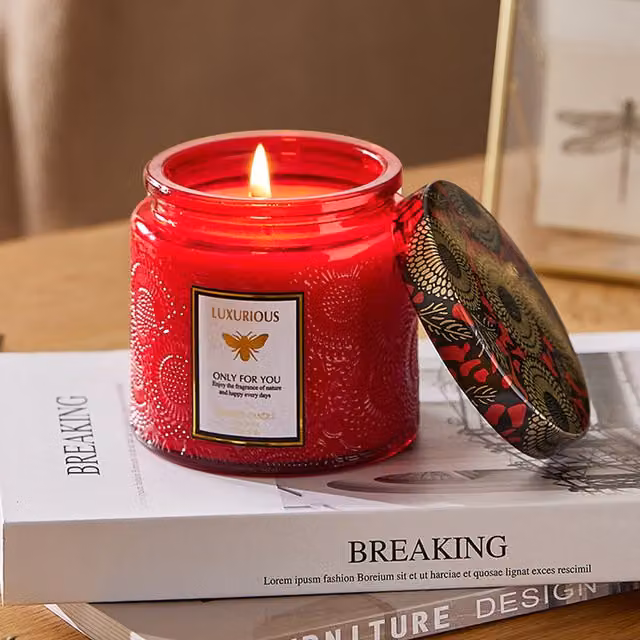 Livingandhome Red Floral Scented Glass Tabletop Candle