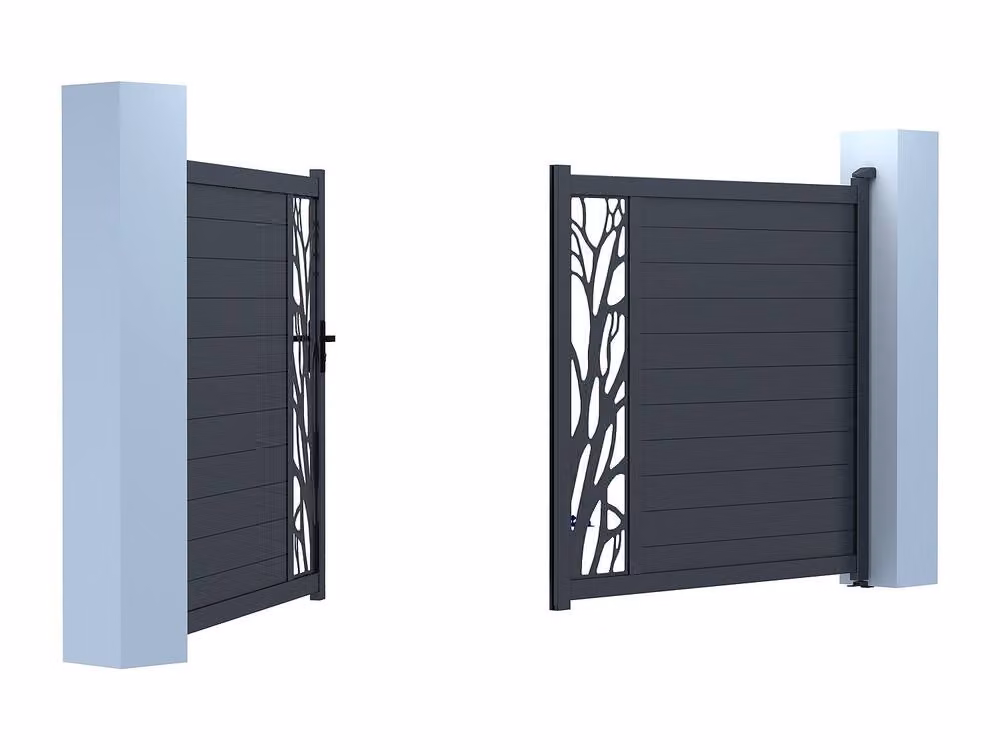 Vente-unique Semi-Transparent Patterned Aluminium Swing Gate in Anthracite Grey, W: 357 cm, H: 170 cm – 2