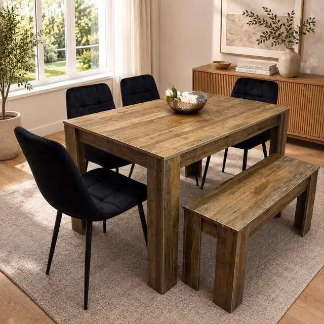 Kosy Koala Rustic Wood Dining Set with Rectangular Table, 4 Chairs and Bench in Brown and Black