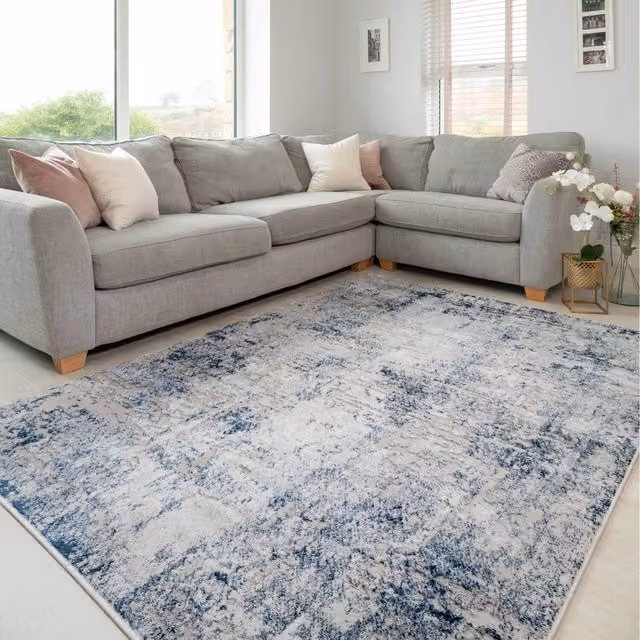 The Rug House Abstract Modern Textured Rectangular Area Rug in Blue, W: 110 cm, D: 60 cm