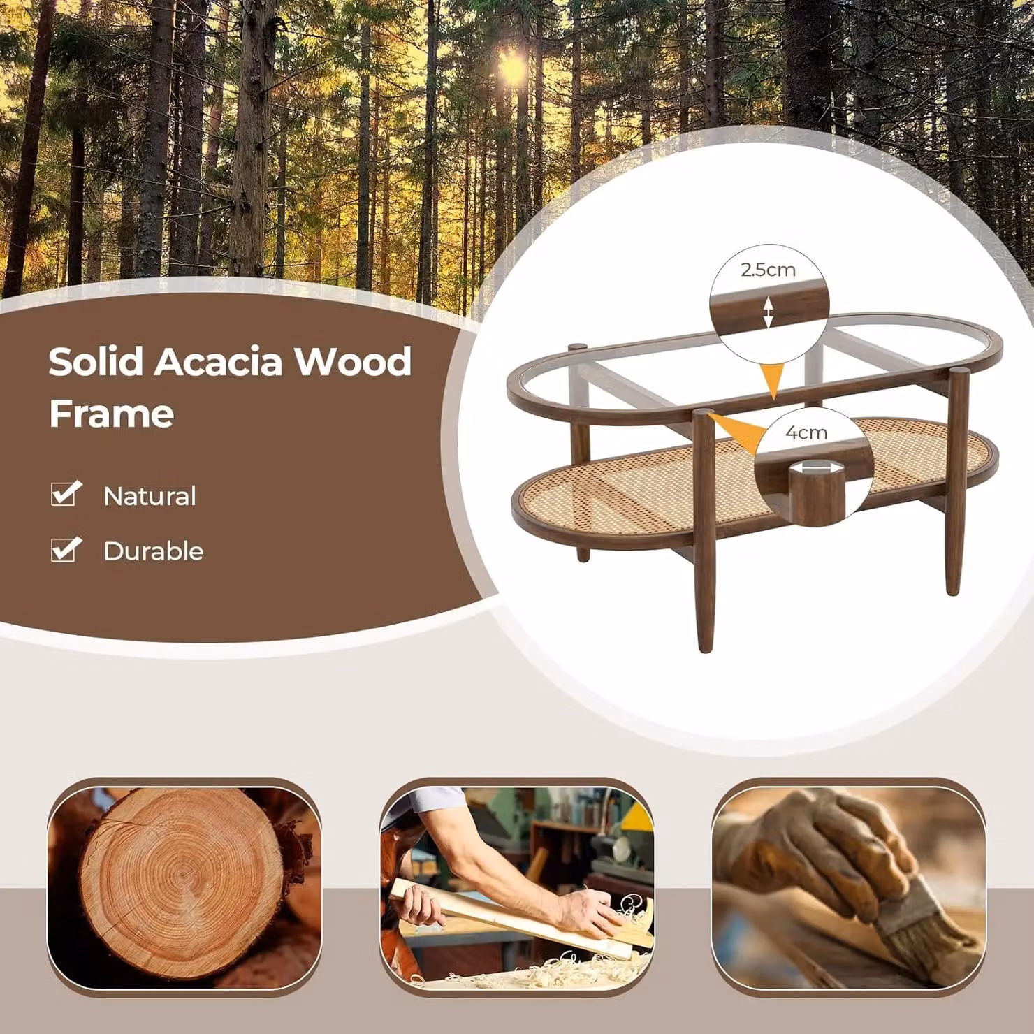 Gymax 2-Tier Coffee Table with Brown PE Rattan, Tempered Glass Top and Acacia Wood Legs – 5