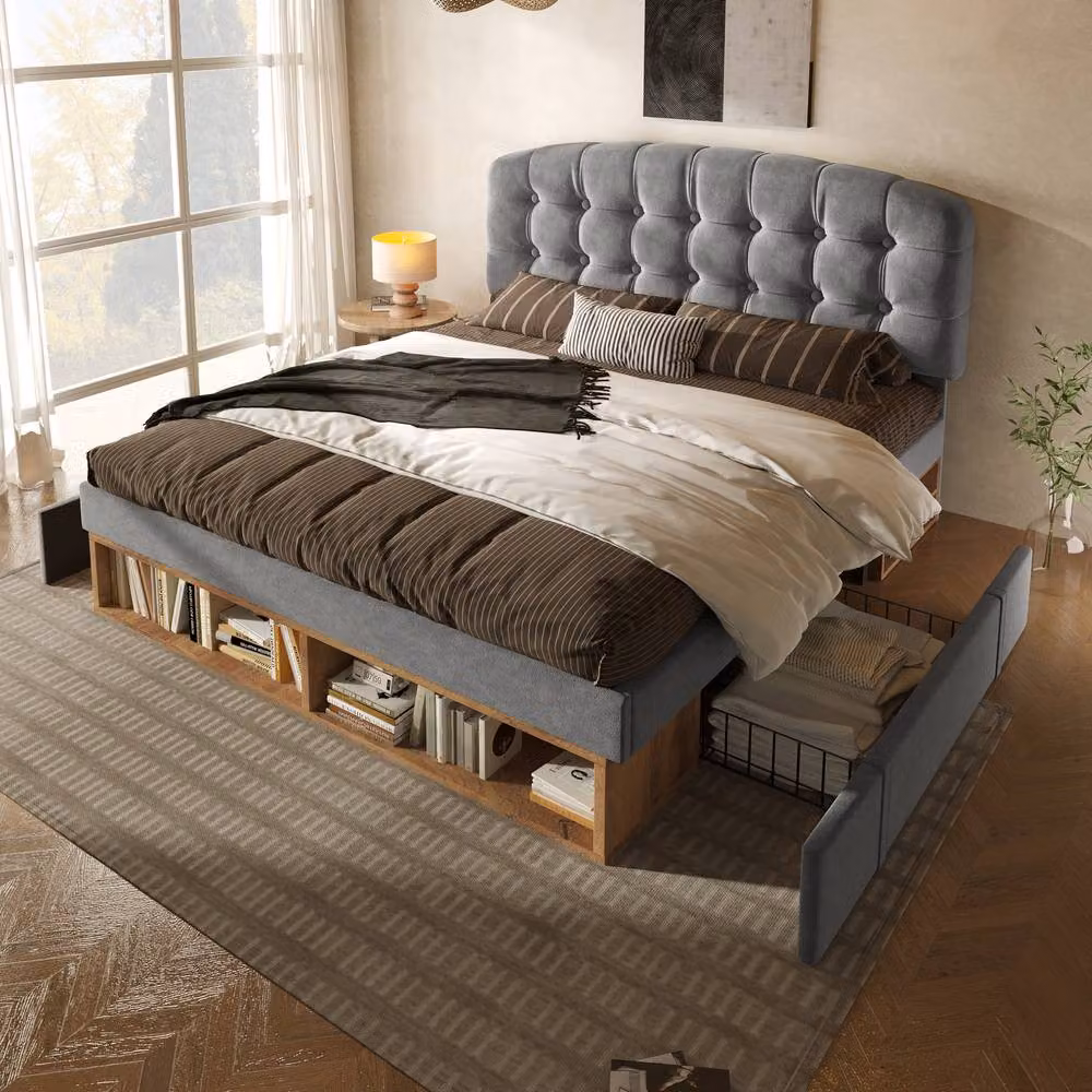 Merax Grey Velvet Upholstered Single Bed with Drawers, W/D/H: 90 x 190 x 101 cm – 6
