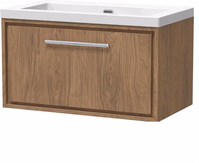 Balterley Longnor Wall Hung Single Drawer Vanity Unit with Rectangular Basin in Antique Oak Brown W/D/H: 81.3 x 46.2 x 47.6 cm – 1